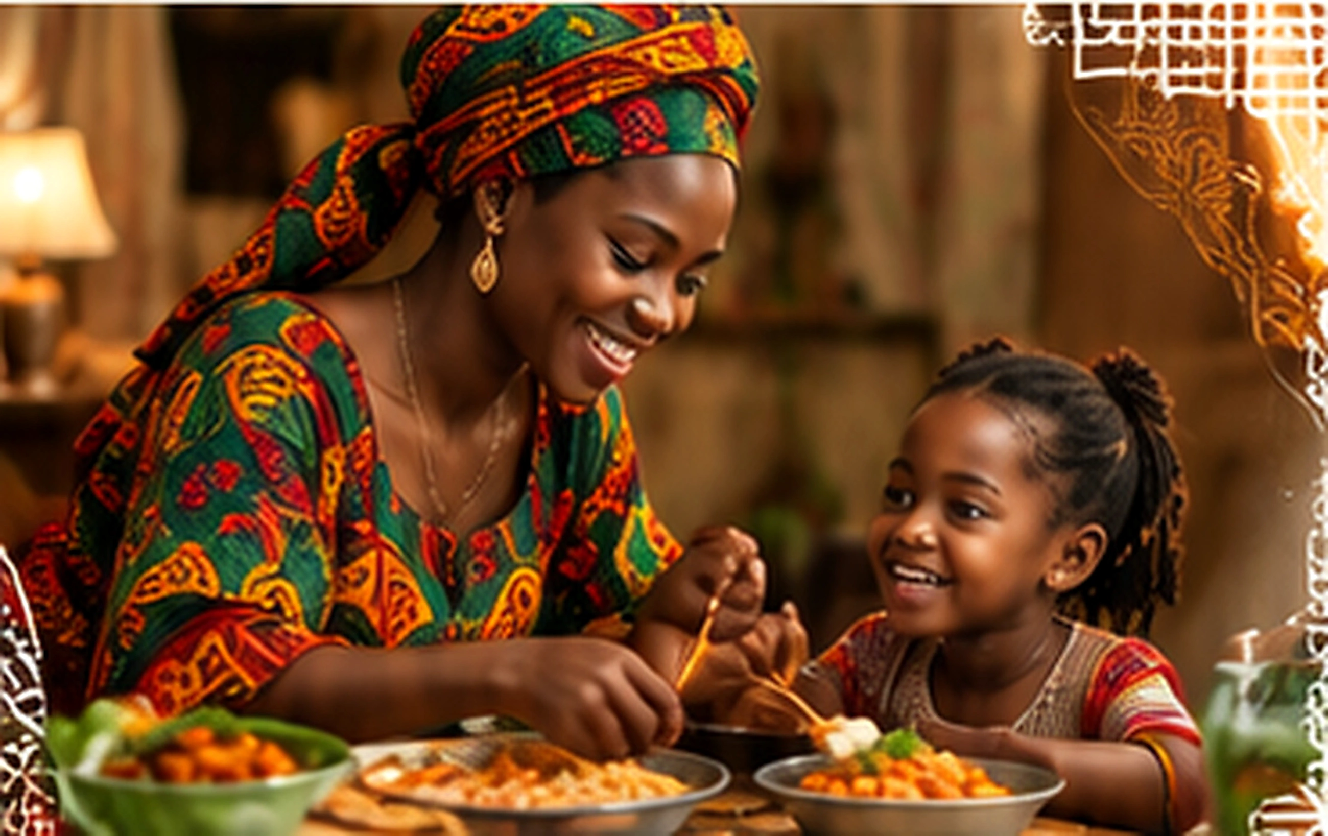 Mother and daughter sharing a meal of African food